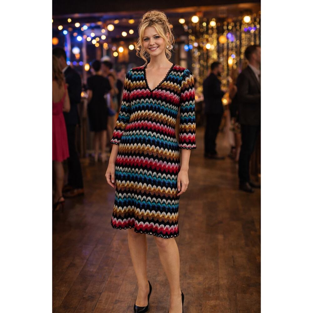Trina Turk Orchestra Knit Dress XS Multicolor Wavy Stripe V Neck Lined Office